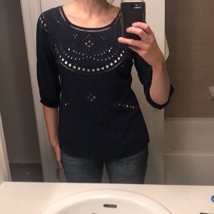Elegant Navy Blouse with eyelet cut-out design